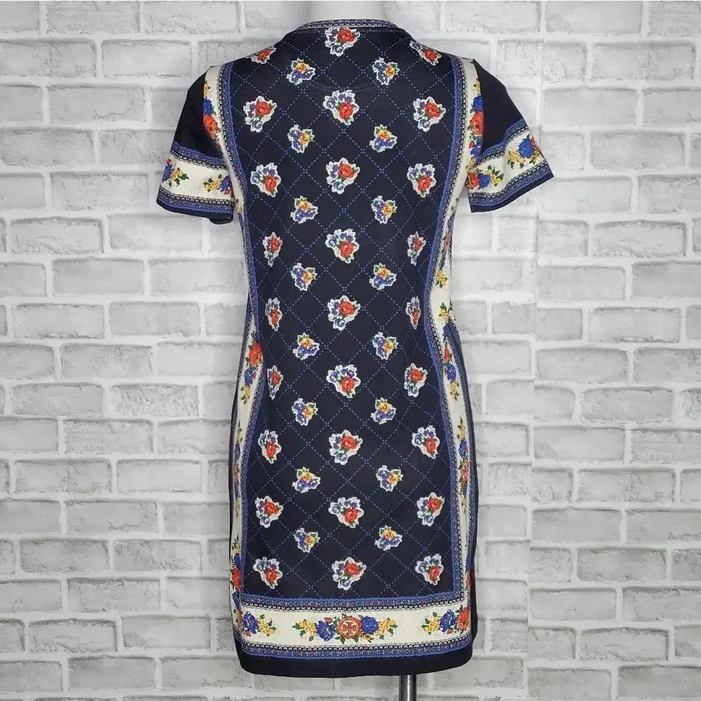 Tory Burch XS Navy Floral Border Print Pima Cotton Shift Mini Dress
